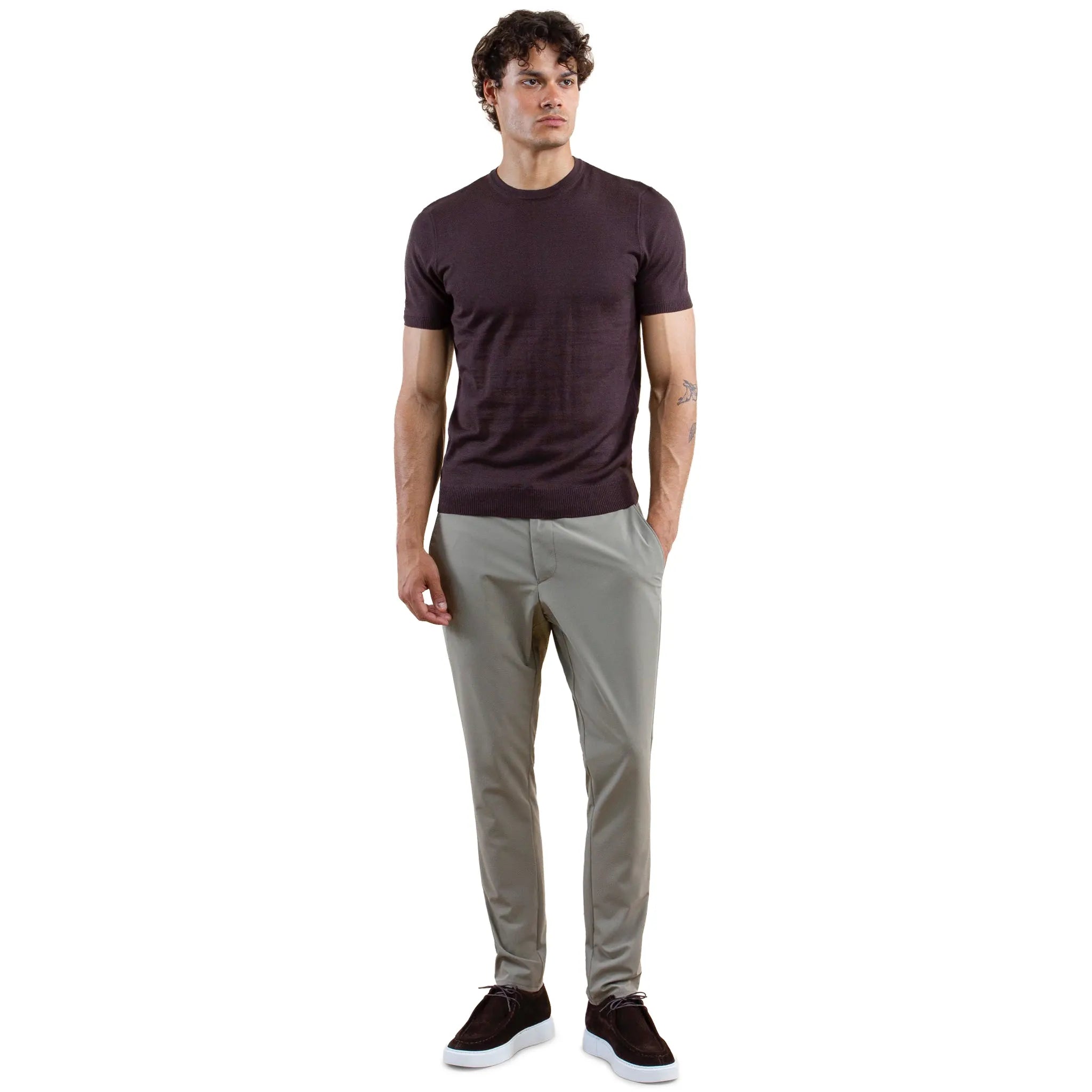 Model View of Be Gentle Fine Knit Drak Brown T-Shirt